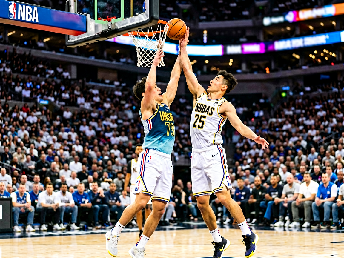 NBA季后赛激烈对抗的赛场瞬间，球员争抢篮板球