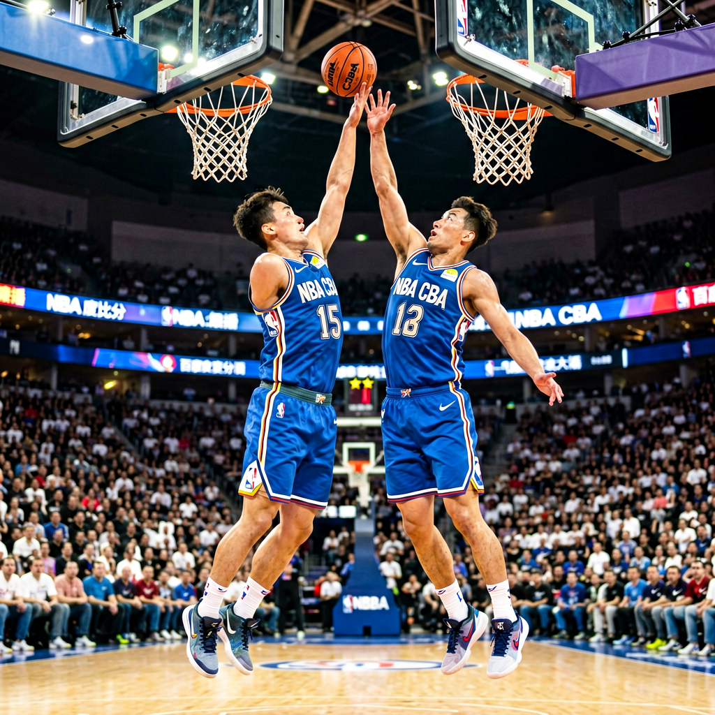篮球比赛现场，球员在空中争抢篮球，展现NBA与CBA的激烈对抗